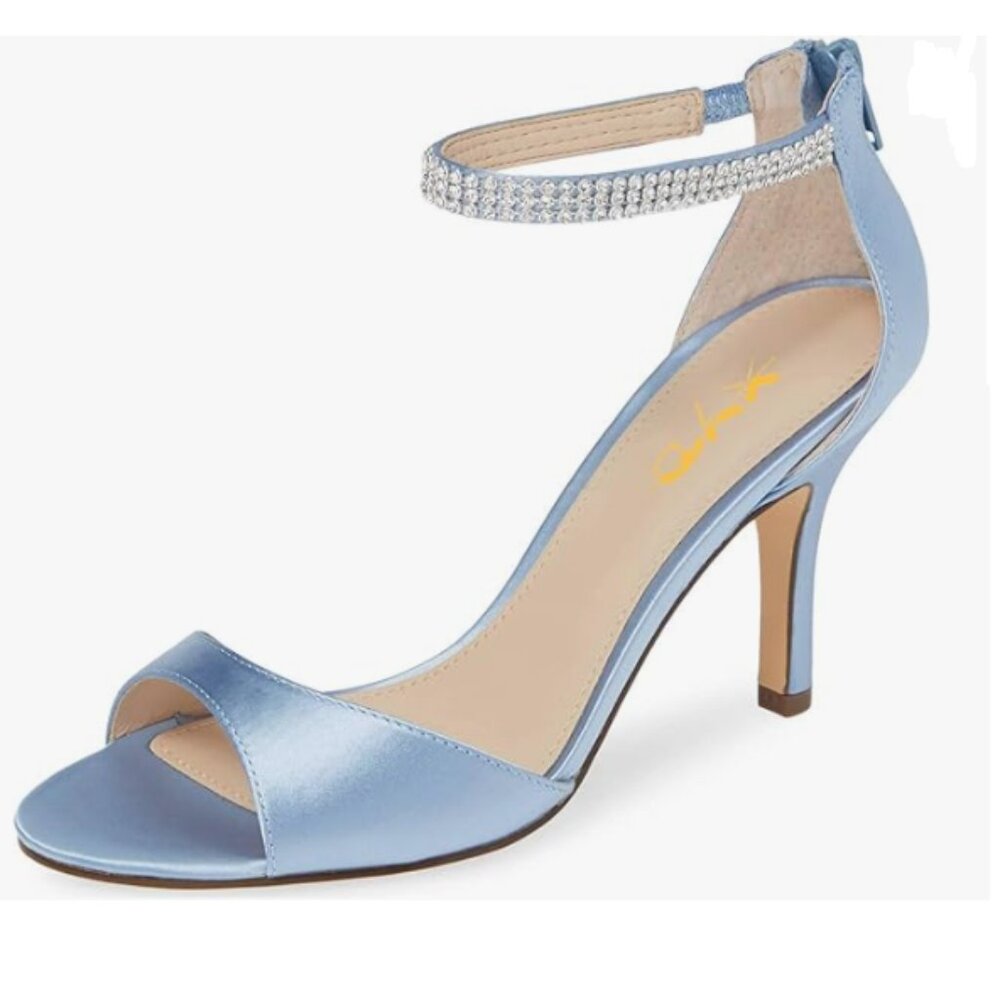 XYD Light Blue Open Toe Rhinestones Ankle Strap High Heel Back Zip Sandals